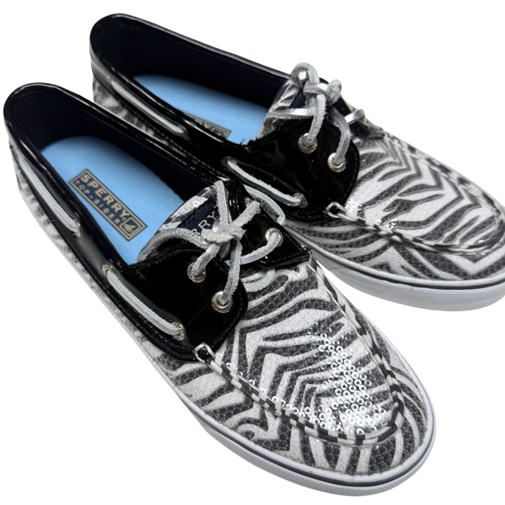 Sperry Top-Sider Bahama 2-Eye Boat Shoes Zebra Print Sequins US 7 NEW
